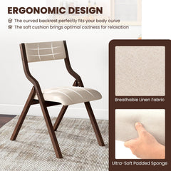 Set of 2 Folding Wooden Dining Chairs with Padded Linen Seat and Back, Coffee
