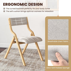 Set of 2 Folding Wooden Dining Chairs with Padded Linen Seat and Back, Natural