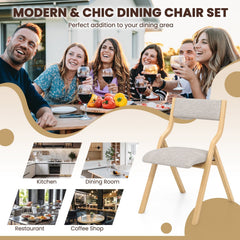 Set of 2 Folding Wooden Dining Chairs with Padded Linen Seat and Back, Natural