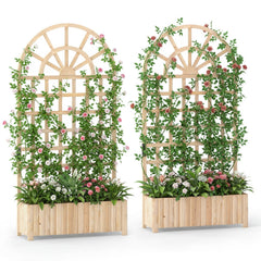Set of 2 Wooden Raised Garden Bed with Trellis 71 inches Outdoor Planter Box Privacy Screen-Natural