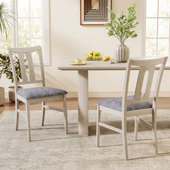 Set of 2 High Back Dining Chairs, Pale Greige Rubber Wood with Grey Padded Seat