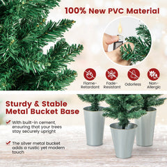 Set of 3 Potted Pencil Christmas Trees, 3 FT 4 FT and 5 FT in Silver Metal Buckets