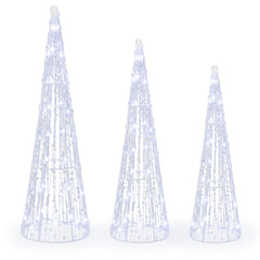 Set of 3 Pre-lit Christmas Cone Trees with Star Strings for Christmas-Cold White