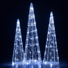 Set of 3 Pre-lit Christmas Cone Trees with Star Strings for Christmas-Cold White