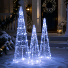 Set of 3 Pre-lit Christmas Cone Trees with Star Strings for Christmas-Cold White