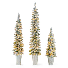 Set of 3 Pre-Lit Snow Flocked Pencil Christmas Trees, 3 FT 4 FT and 5 FT with 230 LEDs