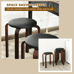Set of 4 Stackable Bentwood Stools with Padded Black PU Seat, 18.5 Inch