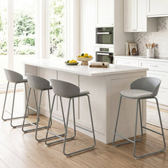 Set of 4 Barrel Back Bar Stools in Grey with Sled Metal Frames, 28 Inch Seat