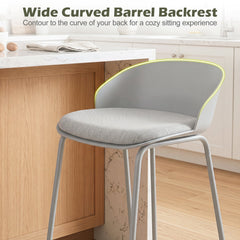 Set of 4 Barrel Back Bar Stools in Grey with Sled Metal Frames, 28 Inch Seat