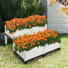 Set of 4 Elevated Planter Boxes in White, Self Watering Raised Garden Bed Kit