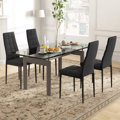 Set of 4 High Back Dining Chairs, Black Checked Fabric with Slim Metal Legs