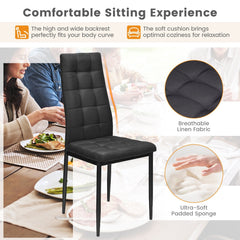 Set of 4 High Back Dining Chairs, Black Checked Fabric with Slim Metal Legs