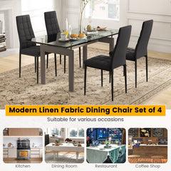 Set of 4 High Back Dining Chairs, Black Checked Fabric with Slim Metal Legs