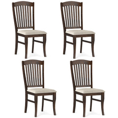 Set of 4 Tall Slat Back Dining Chairs, Brown Rubber Wood with Cream Padded Seat