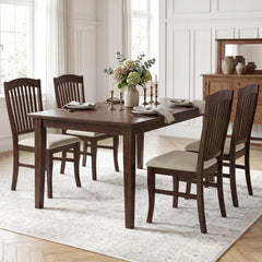 Set of 4 Tall Slat Back Dining Chairs, Brown Rubber Wood with Cream Padded Seat