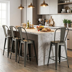 Set of 4 Metal Counter Stools in Gun Metal with Removable Backrests, 24 Inch Seat