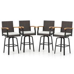 Set of 4 Outdoor 360° Swivel Bar Stool with Cushion and Acacia Wood Armrests