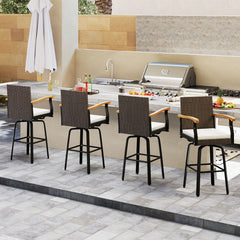 Set of 4 Outdoor 360° Swivel Bar Stool with Cushion and Acacia Wood Armrests