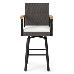 Set of 4 Outdoor 360° Swivel Bar Stool with Cushion and Acacia Wood Armrests