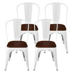 Set of 4 Metal Dining Chairs with Elm Wood Seat and Removable Backrest, White
