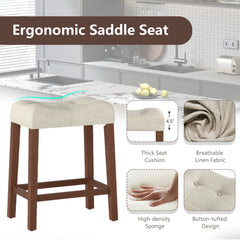 Set of 4 Tufted Saddle Counter Stools with Walnut Legs and Cream Linen, 24 Inch