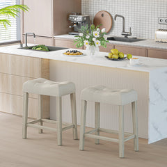 Set of 2 Tufted Saddle Counter Stools with Grey Washed Legs, 24 Inch Seat Height