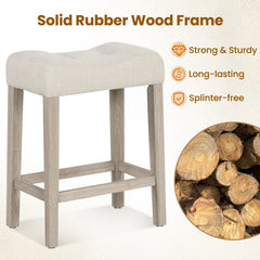 Set of 2 Tufted Saddle Counter Stools with Grey Washed Legs, 24 Inch Seat Height