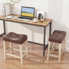 Set of 4 Tufted Saddle Counter Stools in Brown Faux Leather with Natural Legs, 24 Inch