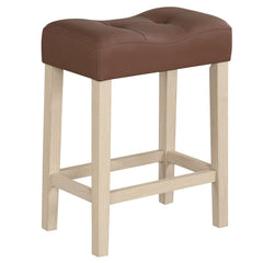 Set of 4 Tufted Saddle Counter Stools in Brown Faux Leather with Natural Legs, 24 Inch