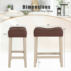 Set of 4 Tufted Saddle Counter Stools in Brown Faux Leather with Natural Legs, 24 Inch