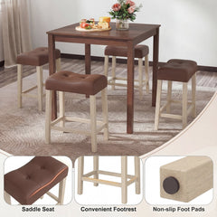 Set of 4 Tufted Saddle Counter Stools in Brown Faux Leather with Natural Legs, 24 Inch