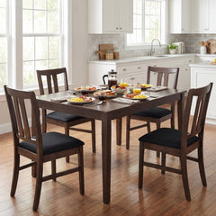 Set of 4 High Back Dining Chairs, Walnut Rubber Wood with Black Padded Seat