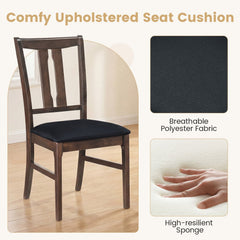 Set of 4 High Back Dining Chairs, Walnut Rubber Wood with Black Padded Seat