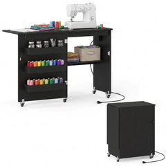 Sewing Machine Table with Charging Station and Lockable Casters-Black