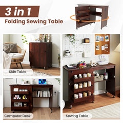 Sewing Machine Table with Charging Station and Lockable Casters-Brown