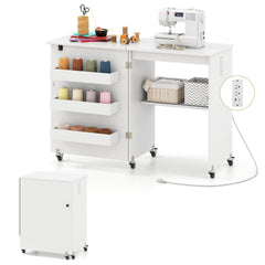 Sewing Machine Table with Charging Station and Lockable Casters-White