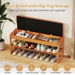 Shoe Rack Bench with Storage 2-Tier Rubberwood Entryway Bench with Flip-Open Storage-Brown