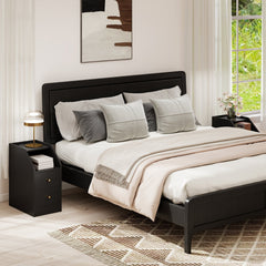 Side End Table with Charging Station Sofa Couch Table with Shelf Drawers-Black