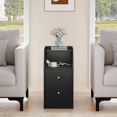 Side End Table with Charging Station Sofa Couch Table with Shelf Drawers-Black