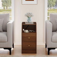 Side End Table with Charging Station Sofa Couch Table with Shelf Drawers-Walnut