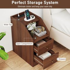 Side End Table with Charging Station Sofa Couch Table with Shelf Drawers-Walnut