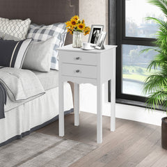 Vintage Style Side Table with 2 Drawers, Tall White Accent Nightstand