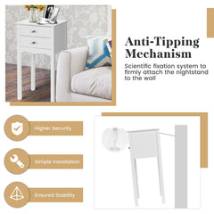Vintage Style Side Table with 2 Drawers, Tall White Accent Nightstand