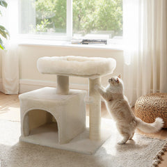Small Beige Cat Tree 19.5 Inches with a Condo and a Padded Perch Bed