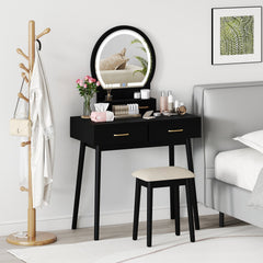 Small Vanity Makeup Dressing Table Set with Cushioned Stool and LED Lighted Mirror-Black