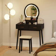 Small Vanity Makeup Dressing Table Set with Cushioned Stool and LED Lighted Mirror-Black