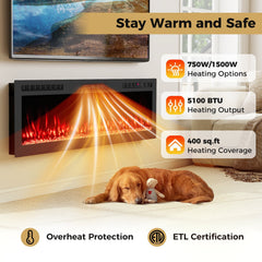 Smart WiFi Electric Fireplace Wall Mounted & Recessed 750W/1500W Heater-60 Inch