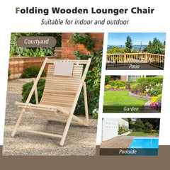 Folding Fir Wood Sling Deck Chair with 3 Position Back and Padded Headrest