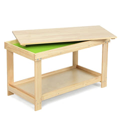 Kids Wooden Activity Play Table with Block Board and Storage Shelf, Natural Pine