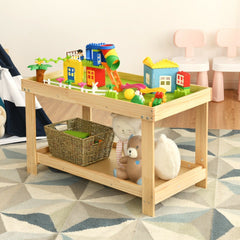 Kids Wooden Activity Play Table with Block Board and Storage Shelf, Natural Pine